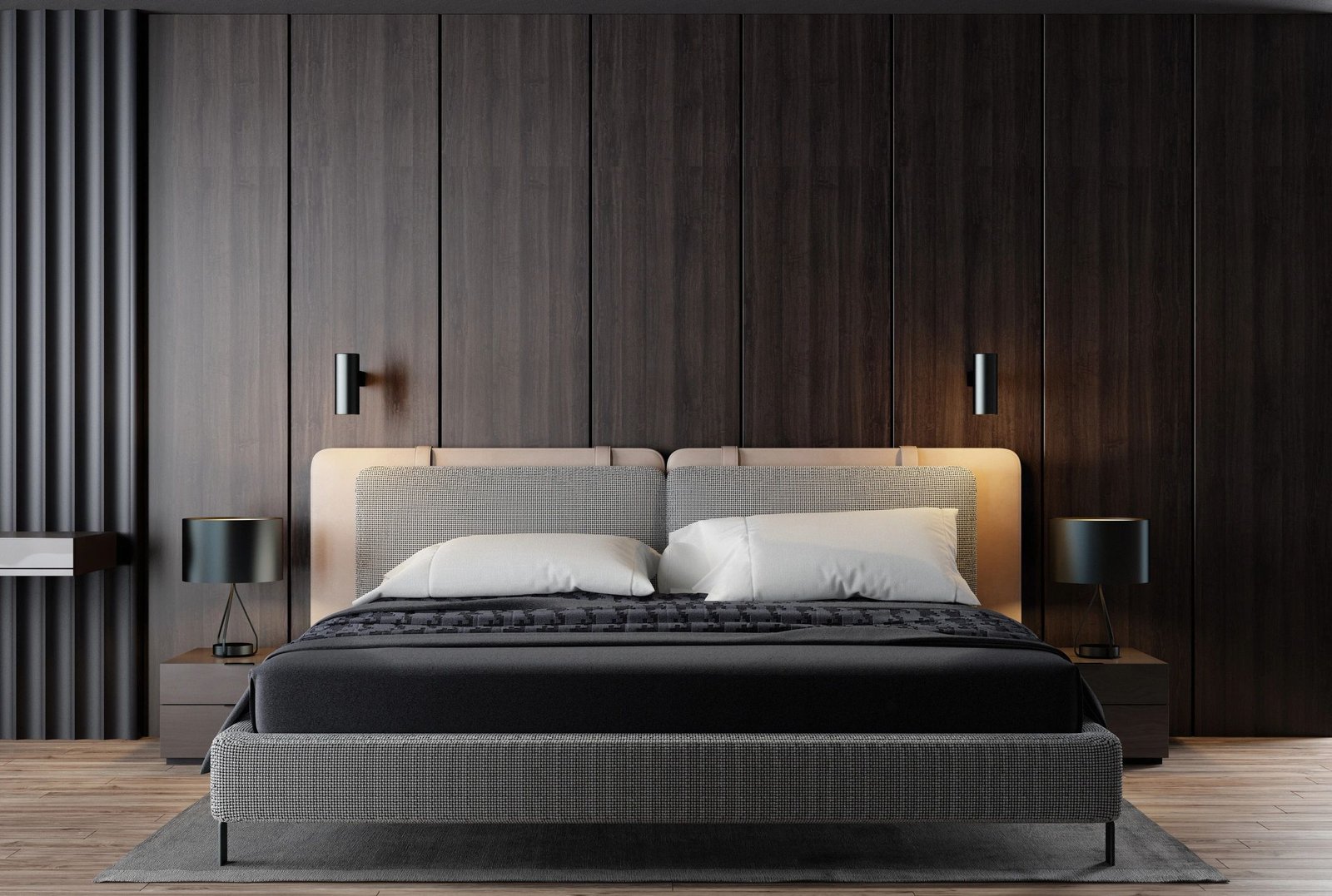 Refined bedroom interior with dark wood and layered textures