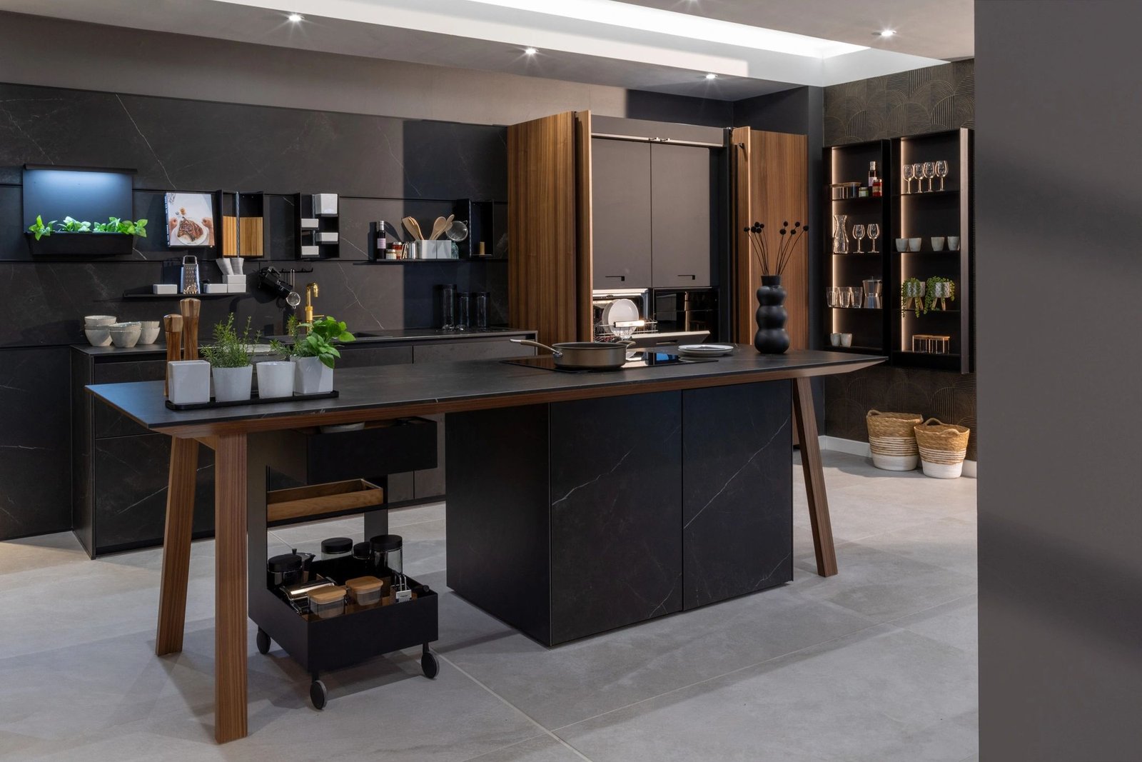 Dark contemporary kitchen cabinetry with wood accents