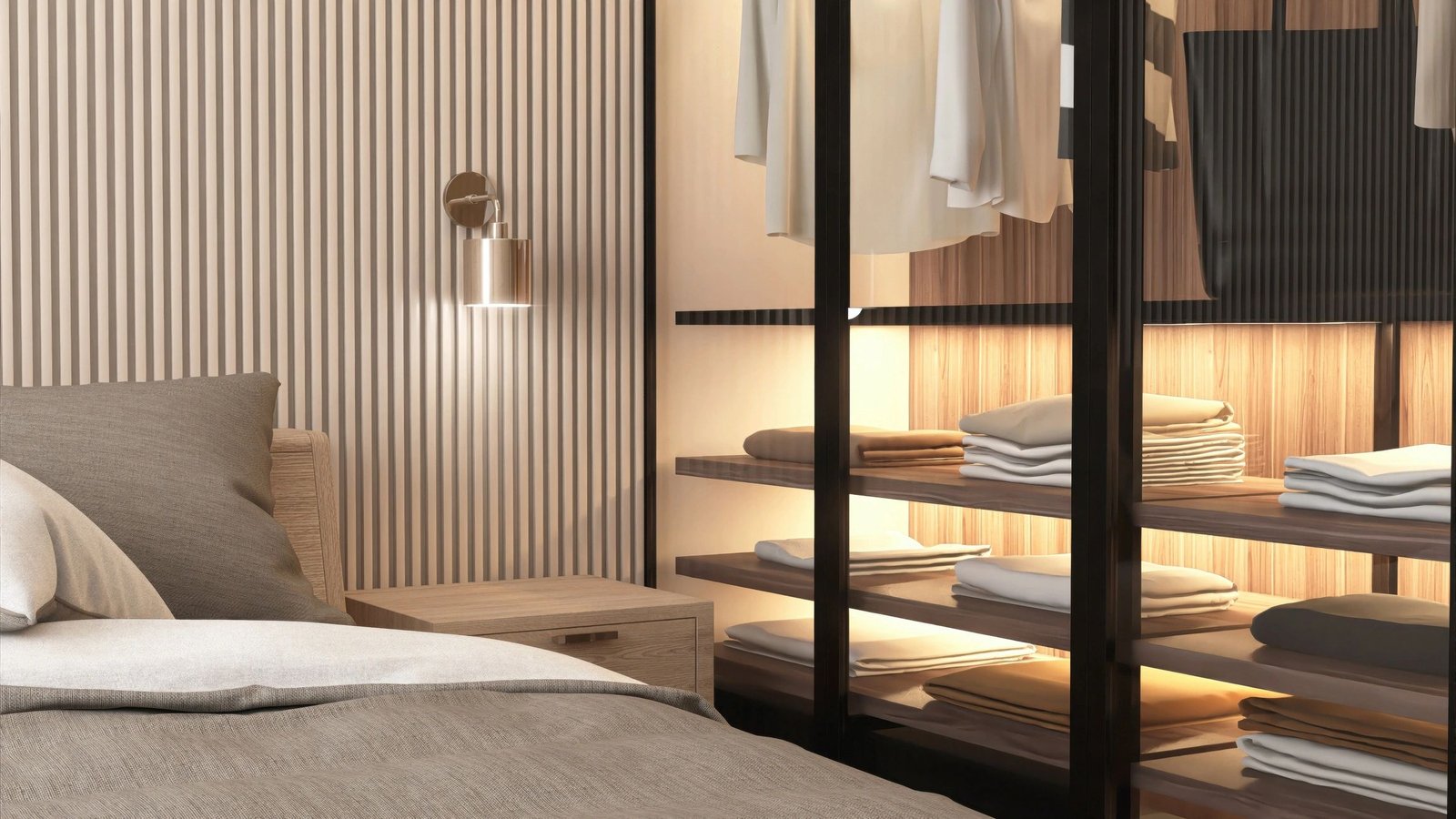 Modern bedroom with integrated wood wardrobe