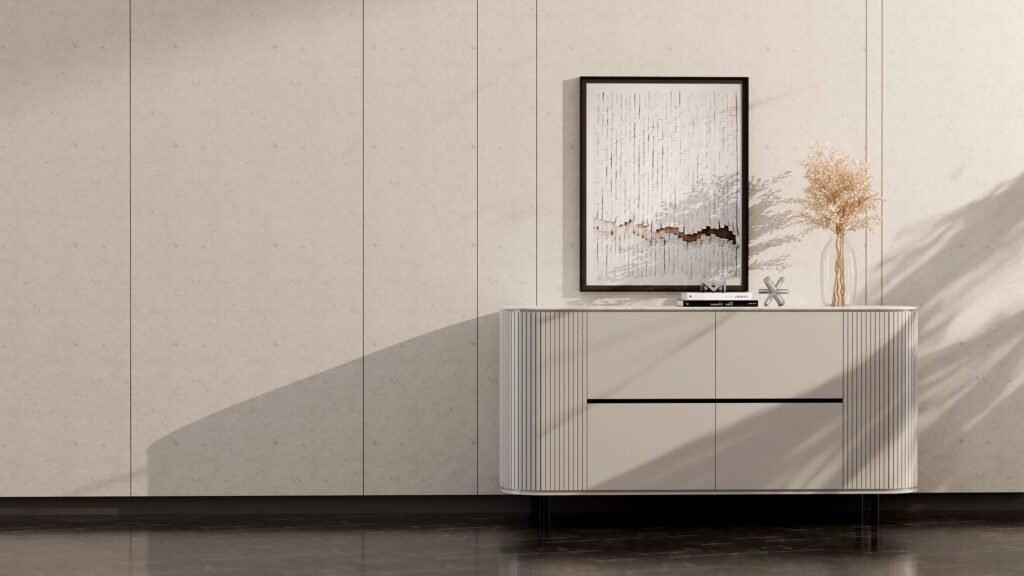Beige wall with console table and decor 3D render